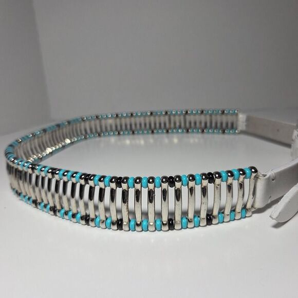 IRO White Leather Belt Silver Studs Turquoise Black Bead Accents Edgy Boho Sz 80 main image 10